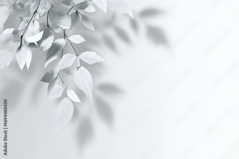 Poster delicate white leaves casting soft shadows on a smooth light background in a serene indoor setting