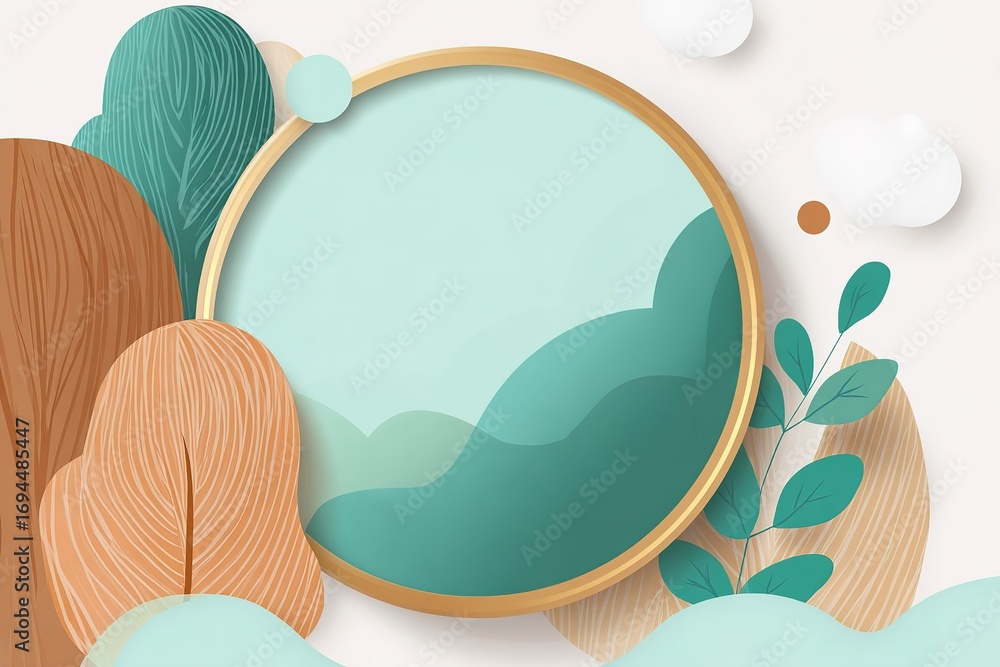 Poster stylish circular frame surrounded by abstract leaves and textured backgrounds in muted colors