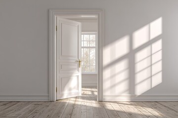 Fototapeta premium Bright entrance opens to a spacious room with sunlight casting shadows on the wooden floor in a minimalist setting