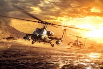 US military helicopters soar through a vibrant sunset sky.