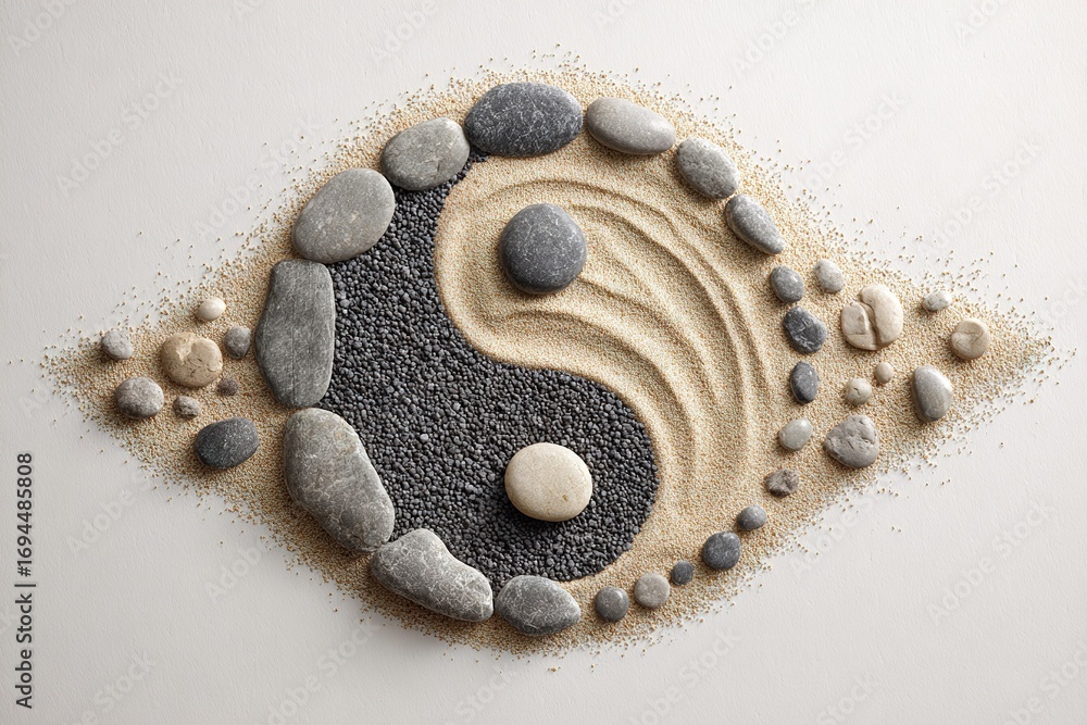Poster natural elements arranged in harmonious yin yang design with stones and sand on light background