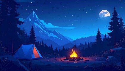 Flat design illustration of a blue tent and campfire on a hill at midnight, featuring simple shapes and vibrant colors that capture the calm and cozy atmosphere of nighttime camping
