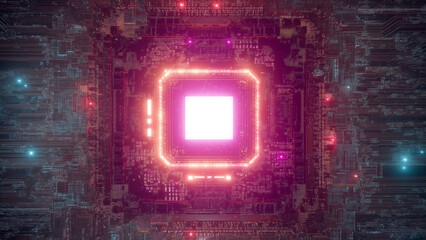 Futuristic glowing computer motherboard and AI microchip with purple, cyan, and green circuits for innovation and business growth  
