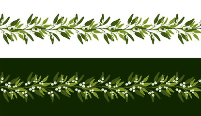 Christmas border with mistletoe branches and berries. Seamless pattern with winter floral. Elegant vector holiday decor