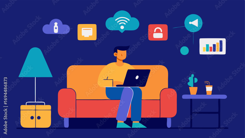 Poster auto comfort a person relaxing on a sofa giving commands to multiple smart devices to create the per
