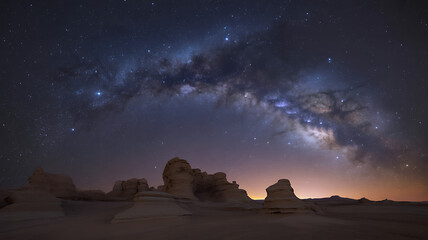 Milky way galaxy arches majestically over vast desert landscape under starry night sky