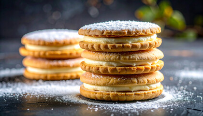 Stacked cream-filled cookies dusted with powdered sugar. Tasty snack. Delicious sweet food.