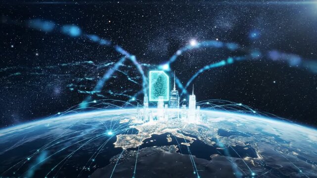 Global network connection Digital rendering City skyline on earth Futuristic communication technology