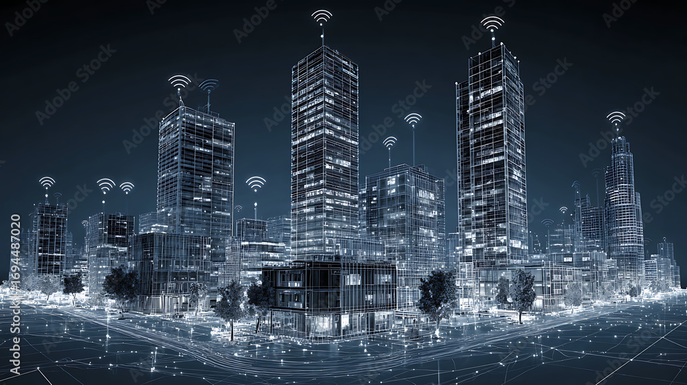 Poster wi-fi smart city or network. low poly wireframe. building automation with computer board illustratio