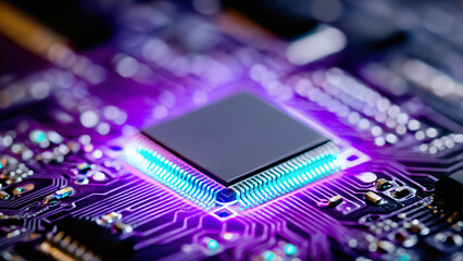 Futuristic glowing computer motherboard and AI microchip with purple, cyan, and green circuits for innovation and business growth  
