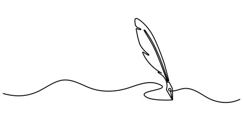 Minimalist continuous one line drawing of an ink bottle and quill pen. One line drawing of quill pen. single line vector illustration. isolated white background. Vector illustration, Pro Editable  © UzzalChandra
