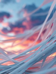Minimal abstract digital composition Abstract Composition of Fluid White Strands Against Vibrant Sky expressing artistic vision, creative originality, vivid composition, suitable for web design