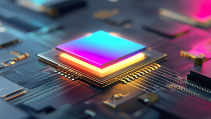 Futuristic glowing computer motherboard and AI microchip with purple, cyan, and green circuits for innovation and business growth  
