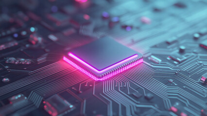 Futuristic glowing computer motherboard and AI microchip with purple, cyan, and green circuits for innovation and business growth  
