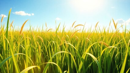 Fototapeta premium Sunlit Green Grass Field with Blue Sky and Clouds