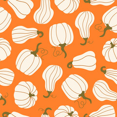 Seamless pattern with hand drawn pumpkins on a orange background. Autumn texture for thanksgiving, harvest and halloween. Season palette. Vector Illustration