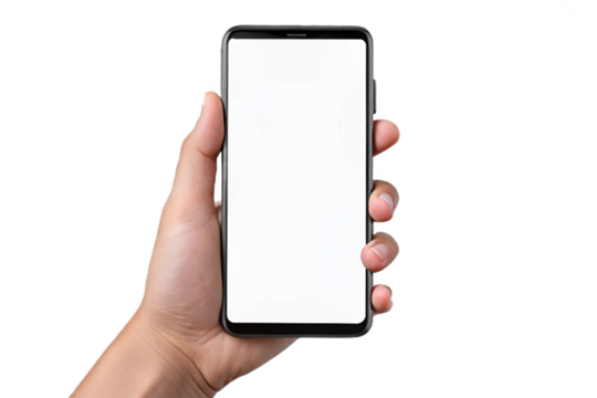 Hand holding modern smartphone with blank white screen displaying clear space for content transparent background