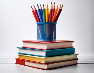 Fototapeta premium crayon or colored pencils in box laying on a stack of books knowledge and education concept on white background