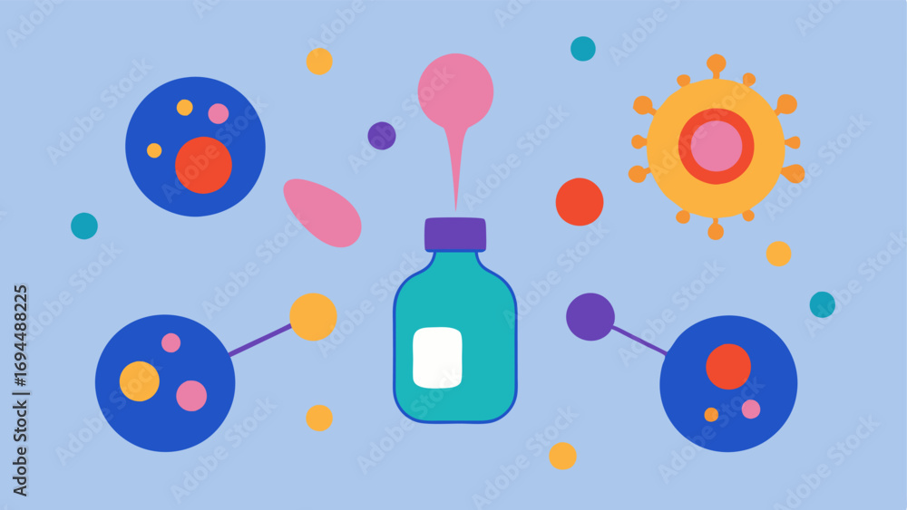 Poster exosome molecules stylized exosome structures as colorful interconnected blobs emanating energy towa
