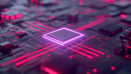 Futuristic glowing computer motherboard and AI microchip with purple, cyan, and green circuits for innovation and business growth  
