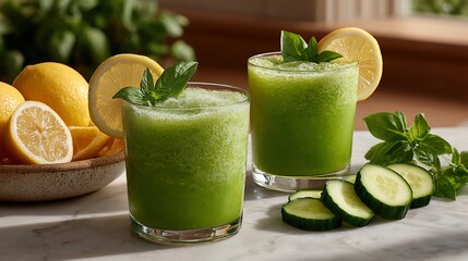Fresh Green Smoothie with Lemon Basil and Cucumber.