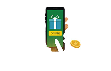 Empowering charitable giving through mobile technology, featuring a smartphone with a donation interface and a coin, illustrating digital philanthropy and support