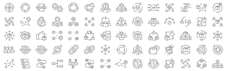 Clean outline icon set for supply chain logistics: inventory, procurement, distribution, shipping, tracking, planning, workflow, optimization, network connections, editable stroke