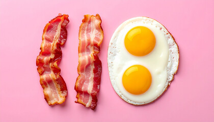 Crispy bacon and golden fried eggs on bright pink backdrop. Modern breakfast. Tasty food.