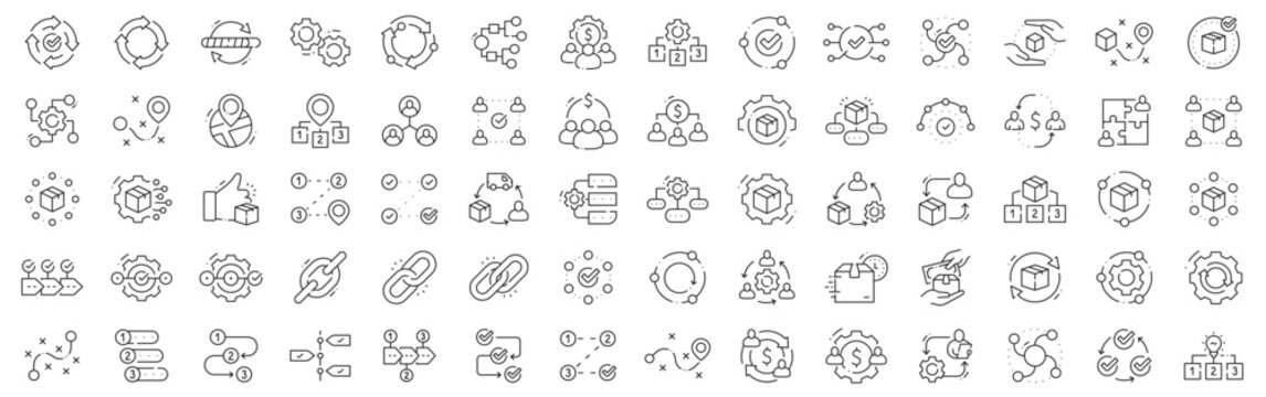 Clean outline icon set for supply chain logistics: inventory, procurement, distribution, shipping, tracking, planning, workflow, optimization, network connections, editable stroke