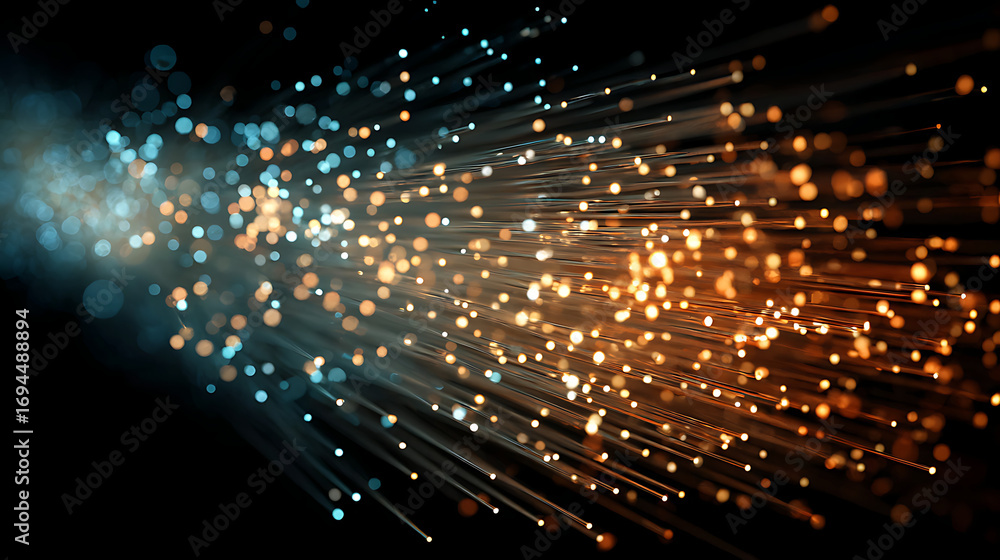Poster 3d rendering of a fiber optic cable bursting with data, transmitting light pulses as a representatio