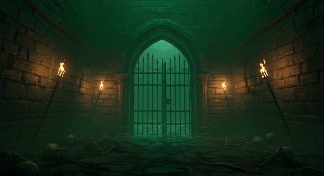 A dimly lit dungeon entrance with a barred gate and torches on the brick walls in a green atmosphere - Powered by Adobe