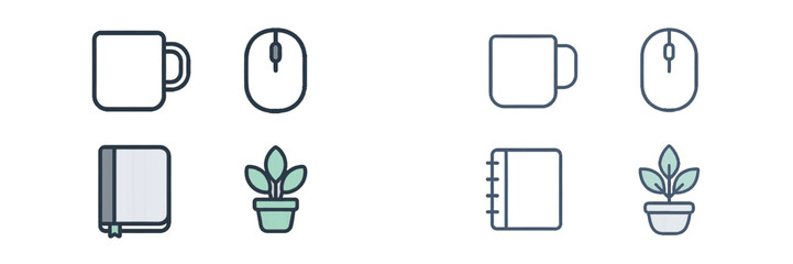 Fototapeta premium Office and workspace icon set with two styles including filled color and simple line art featuring a coffee mug, computer mouse, book, and potted plant