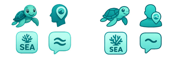 Fototapeta premium Collection of sea and ocean themed icons featuring a turtle, coral reef, and location pin for travel and marine conservation concepts