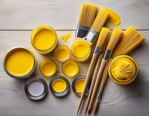 yellow paint and brushes on a light wooden surface various sized paintbrushes and jars of yellow paint are arranged