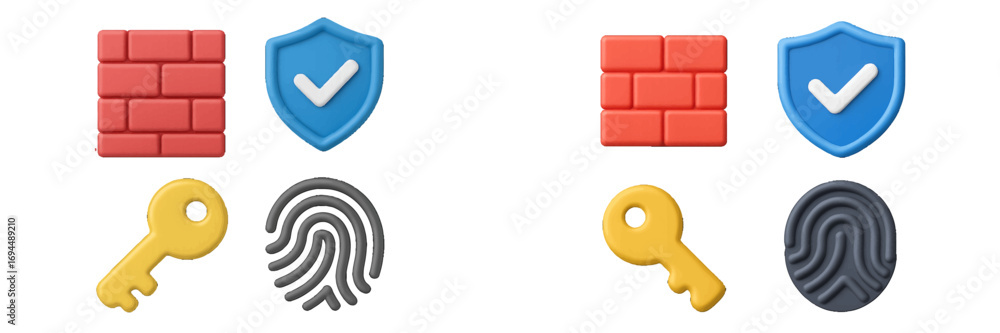Aufkleber 3d security icon set with firewall, shield, key, and fingerprint symbols for cybersecurity, data pro