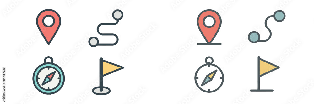 Poster navigation and location icon set with map pin, compass, route path, and destination flag symbols for