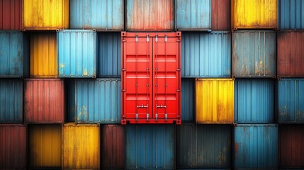 Red shipping container amidst a colorful cargo yard