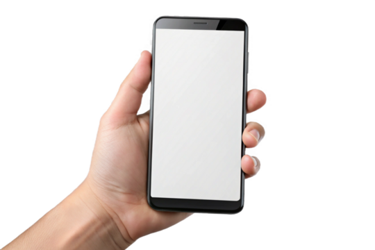 Hand holding modern smartphone with blank white screen for mockups and design concepts transparent background - Powered by Adobe