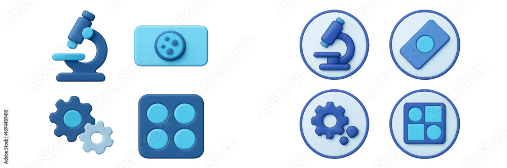 Poster volumetric science and technology symbols featuring a microscope, gears, and abstract user interface