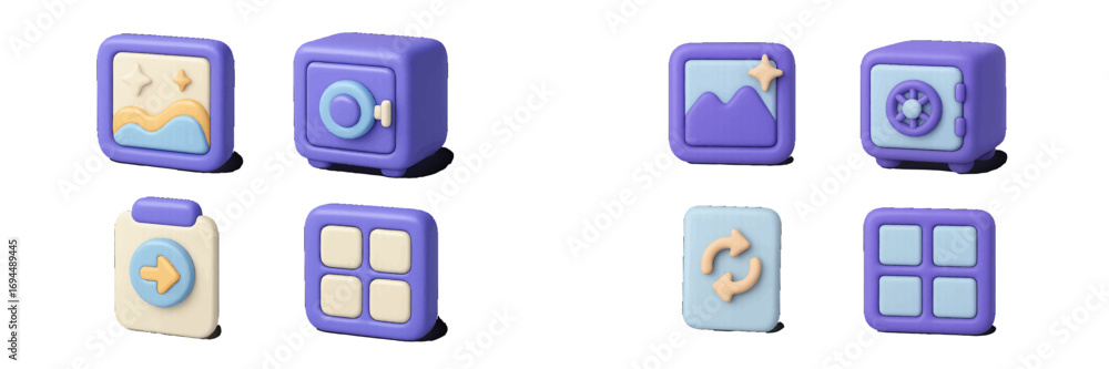Poster modern 3d user interface icons for web and mobile applications including safe, gallery, sync, and me