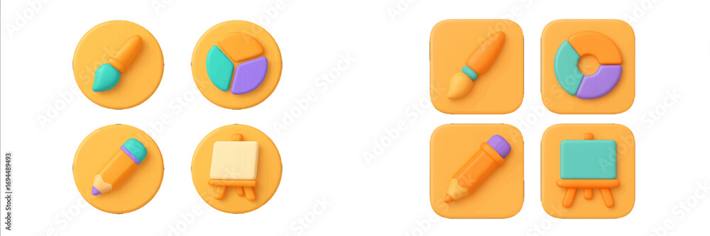 Poster 3d style creative art and design icon set with paintbrush, pencil, easel, and chart symbols for ui a