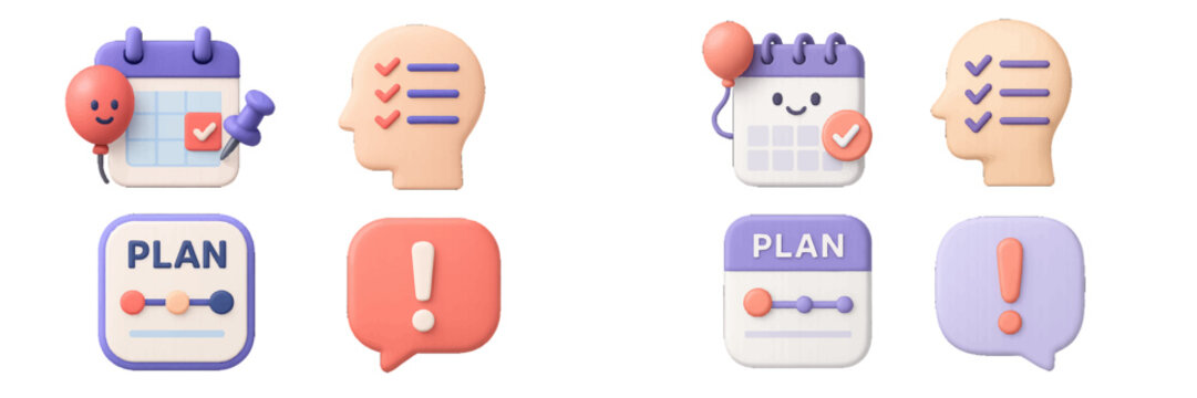 3D planning and task management symbols: calendar, checklist, schedule, notification alert on white
