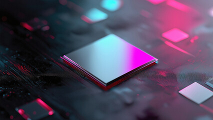 Futuristic glowing computer motherboard and AI microchip with purple, cyan, and green circuits for innovation and business growth  
