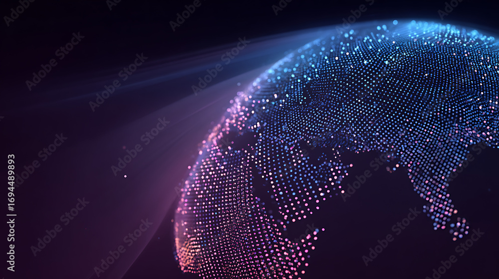 Poster digital technology background with blue gradient and digital world globe made of dots on dark purple