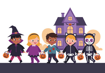 Spooky Halloween fun with kids trick-or-treating in cute costumes near a haunted house, evoking joy and festivity with pumpkin buckets full of candy