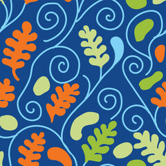 Seamless botanical pattern, leaves silhouettes. Simple floral surface design. Blue branches on a bark blue background. Vector illustration