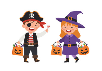 Happy Halloween kids dressed as a pirate and witch with candy bags, trick or treating fun, seasonal celebration of Halloween, spooky and sweet delights