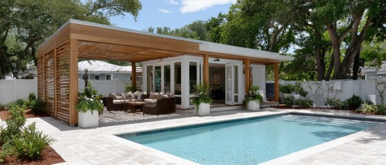 Fototapeta premium Rich brown wooden slat wall complements the pool area, surrounded by vibrant planters and lush plants for a tranquil outdoor space