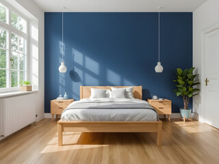 Stylish Modern Bedroom with Blue Accent Wall, Wooden Bed, and Natural Light