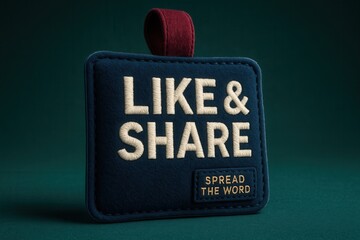 Tag with LIKE & SHARE message and SPREAD THE WORD offer, fabric style, promotional retail attention grabber.